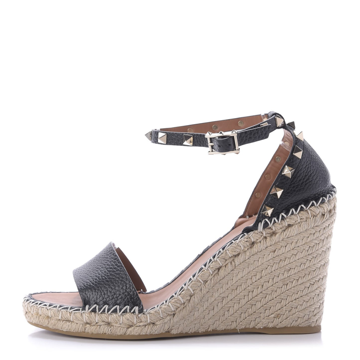 Grained Calfskin Rockstud Ankle Strap Espadrille 15/105mm Wedge Sandals 41 Black Light Cuir Natural