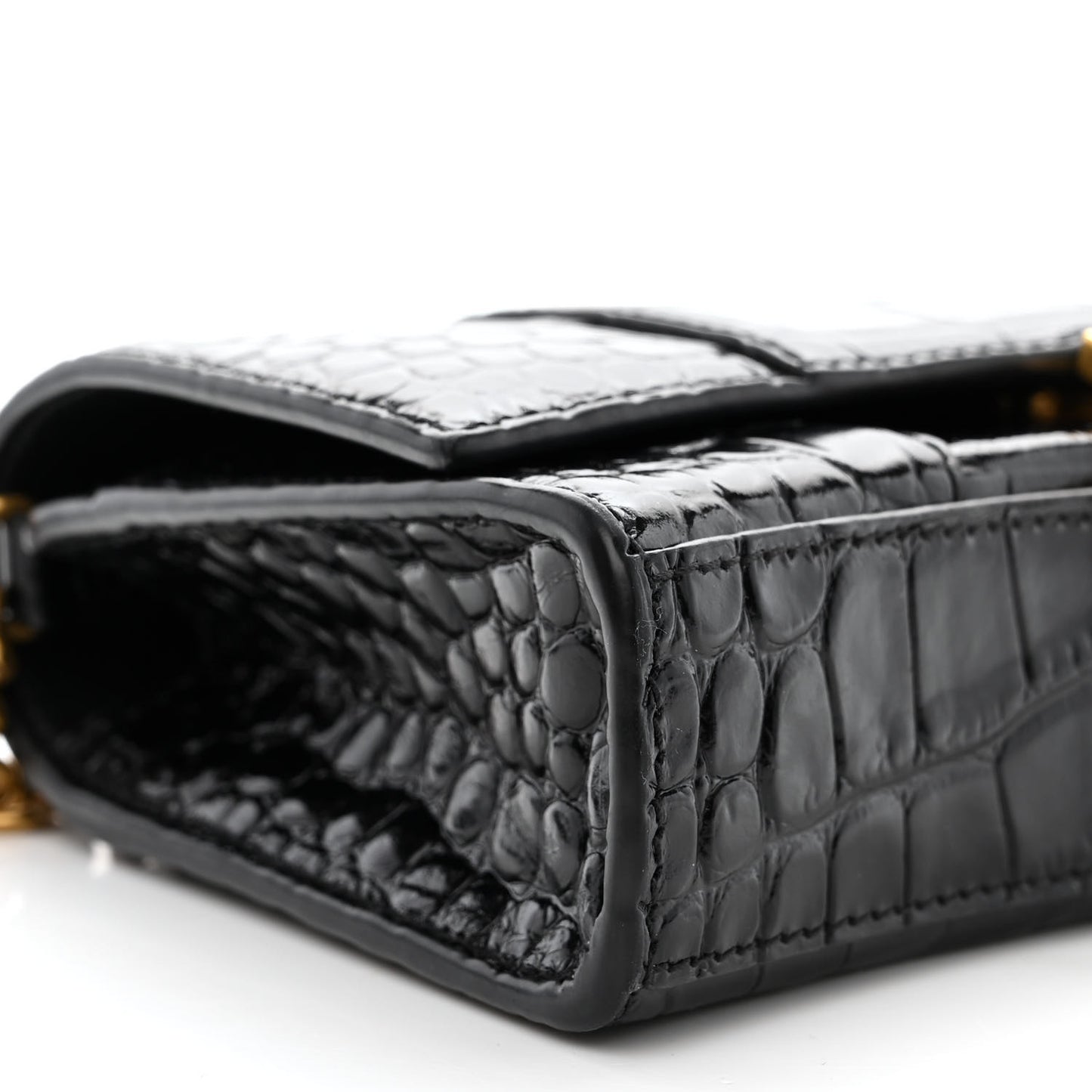 Shiny Calfskin Crocodile Embossed Hourglass Chain Bag Black