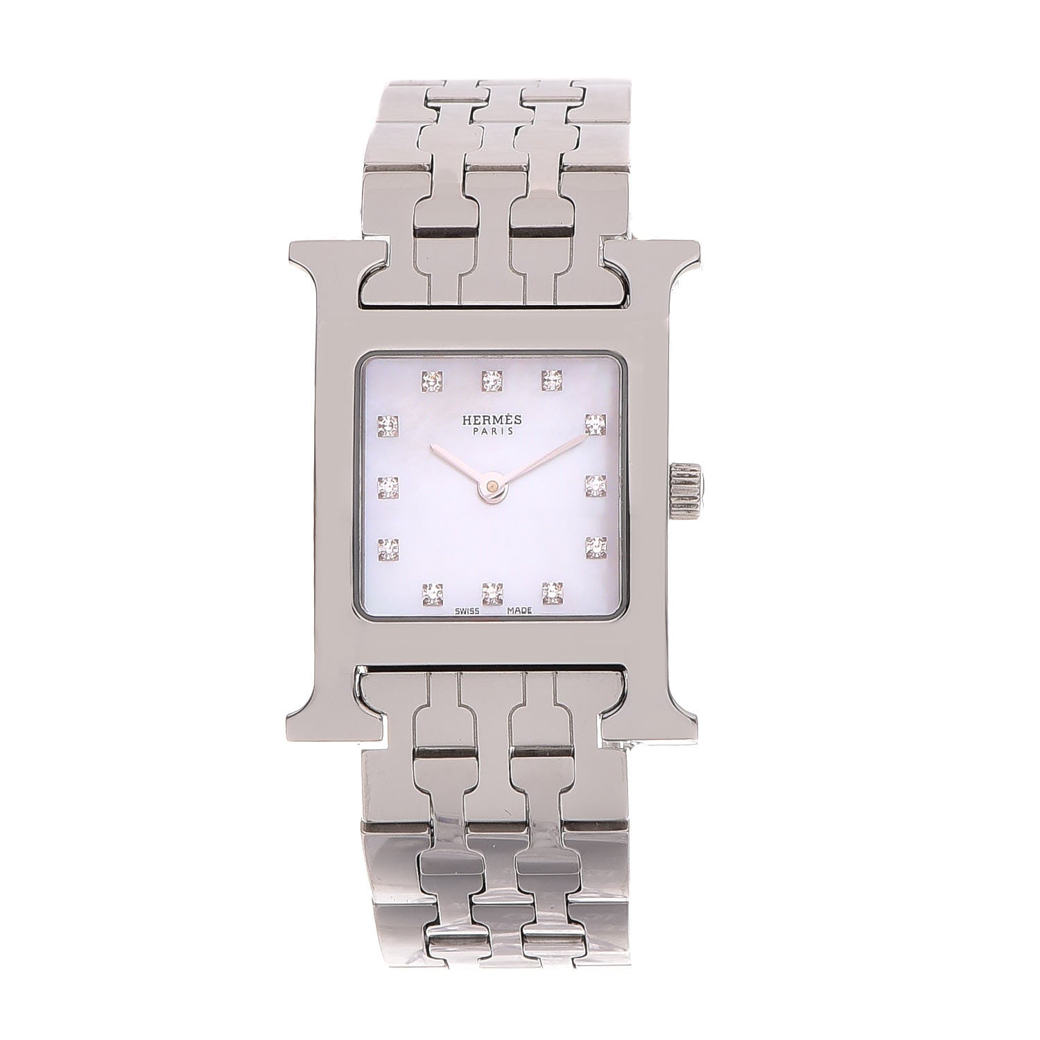 Hermes Stainless Steel Diamond Mother of Pearl 21mm Heure H Hour Quartz Watch 1 of 6