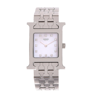 Hermes Stainless Steel Diamond Mother of Pearl 21mm Heure H Hour Quartz Watch 1 of 6