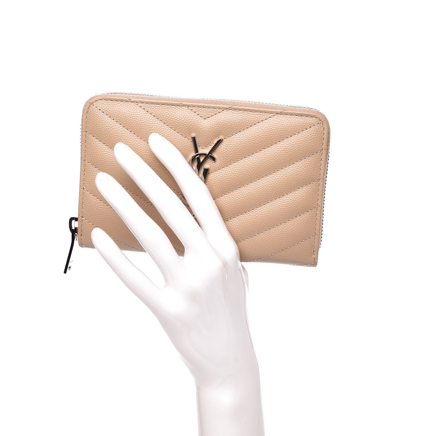 Saint Laurent Grain De Poudre Matelasse Chevron Monogram Zip Around Wallet Dark Beige 2 of 8