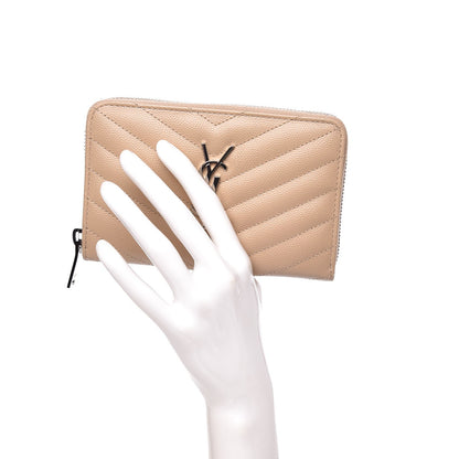 Saint Laurent Grain De Poudre Matelasse Chevron Monogram Zip Around Wallet Dark Beige 2 of 8
