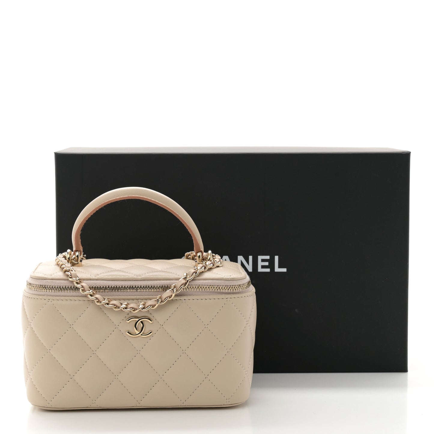 Lambskin Quilted Small Top Handle Vanity Case With Chain Ecru Dark Beige