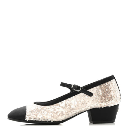 Chanel Glittered Tulle Sequin Grosgrain Cap Toe CC Mary Jane Pumps 36.5 Light Pink Black 1 of 10