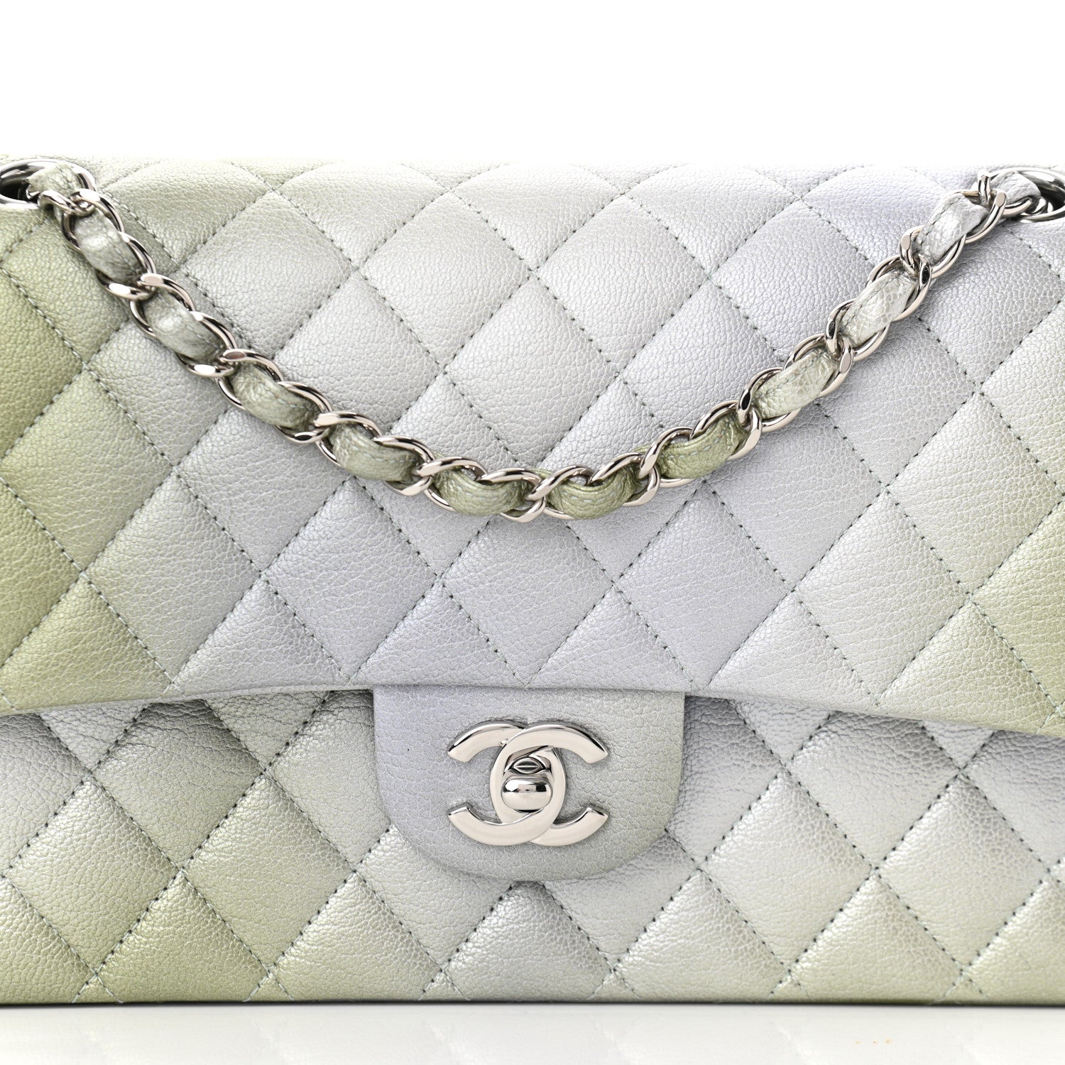 Chanel Metallic Goatskin Quilted Ombre Medium Double Flap Grey Green 10 of 11