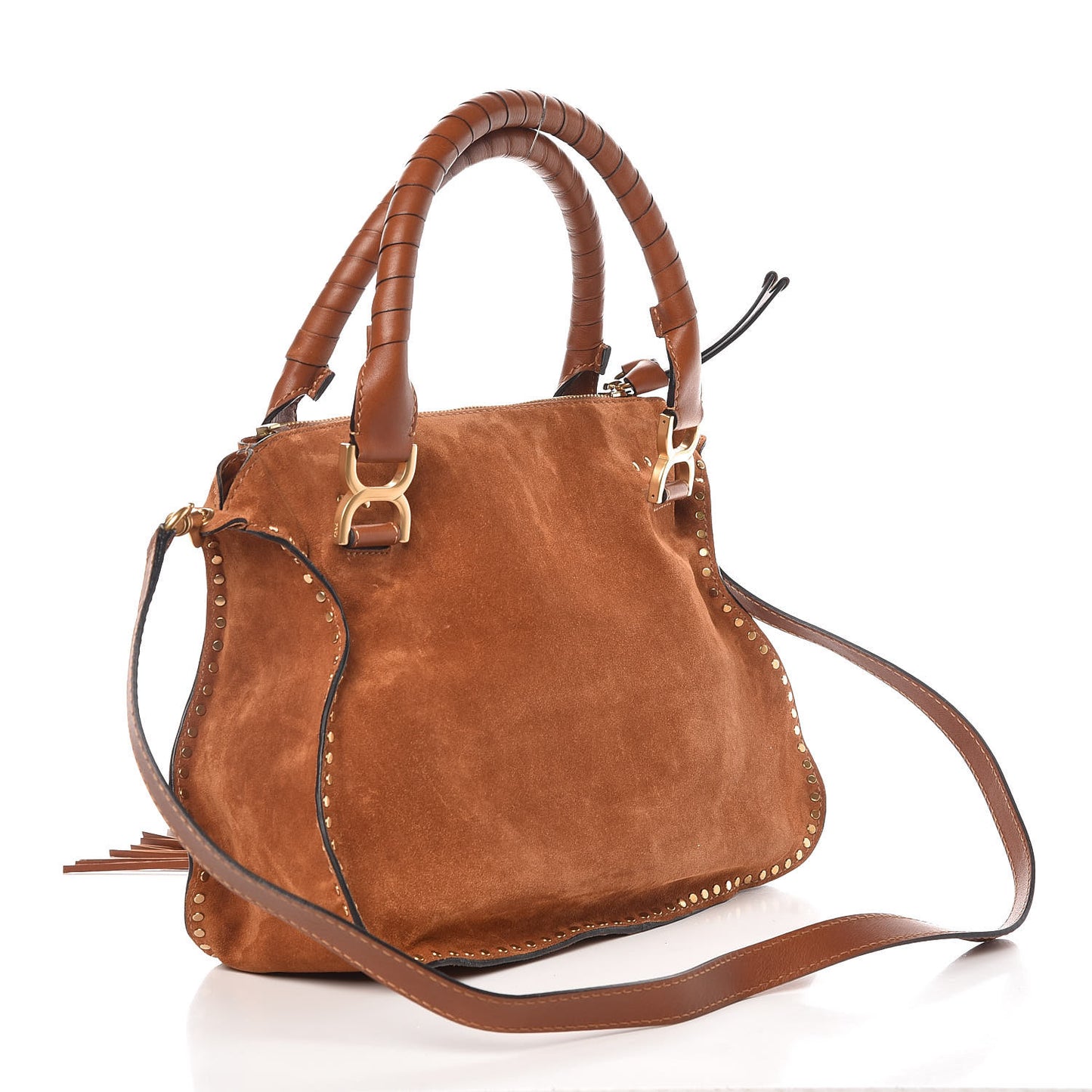 Suede Calfskin Braided Medium Marcie Satchel Caramel