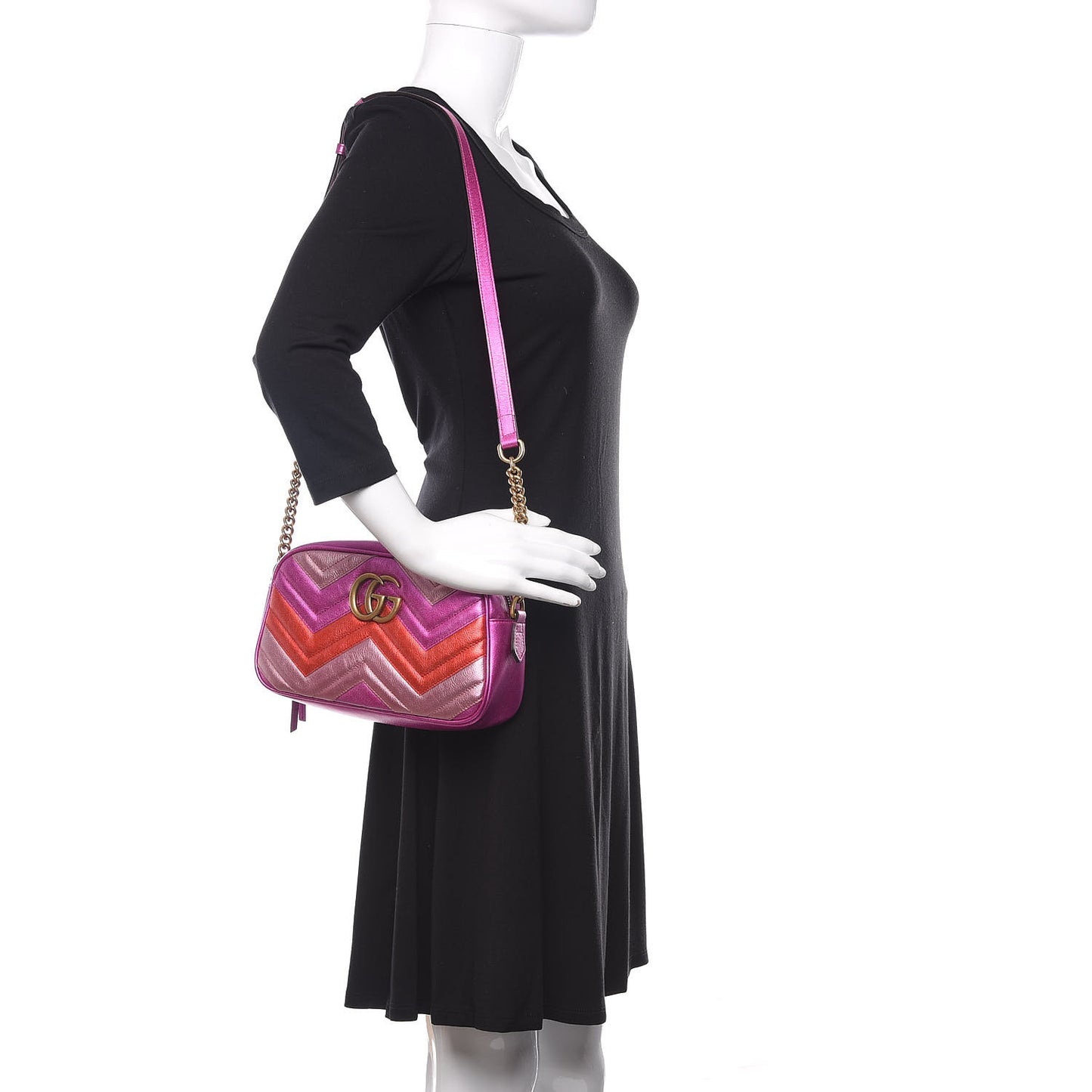 Laminated Nappa Matelasse Small GG Marmont Chain Shoulder Bag Fuxia Rosso Rosa
