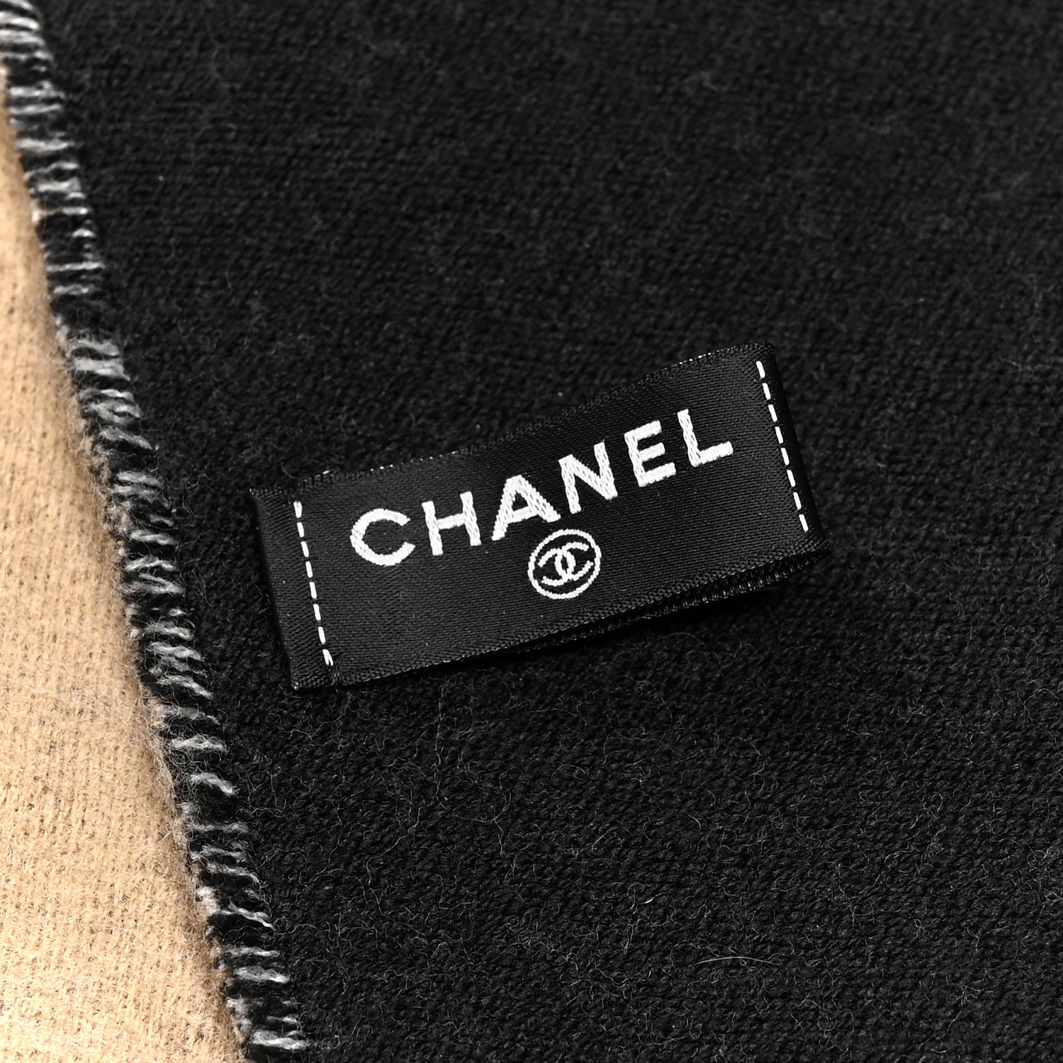 Chanel Cashmere Logo Stole Fringe Beige Black 3 of 4