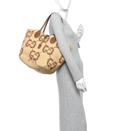 Gucci Raffia Woven Monogram Jumbo Medium Tote Natural Brown 2 of 10