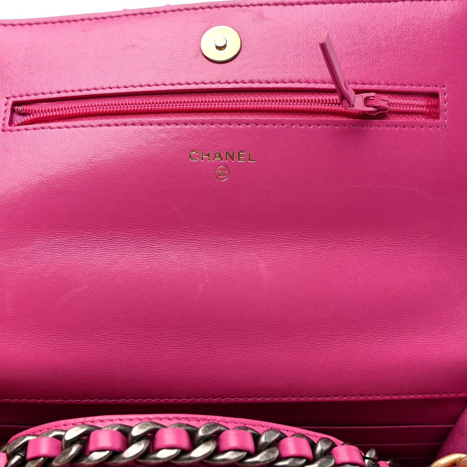 Chanel Wool Tweed Lambskin Quilted Chanel 19 Wallet On Chain WOC and Coin Purse  Fuchsia 13 of 13