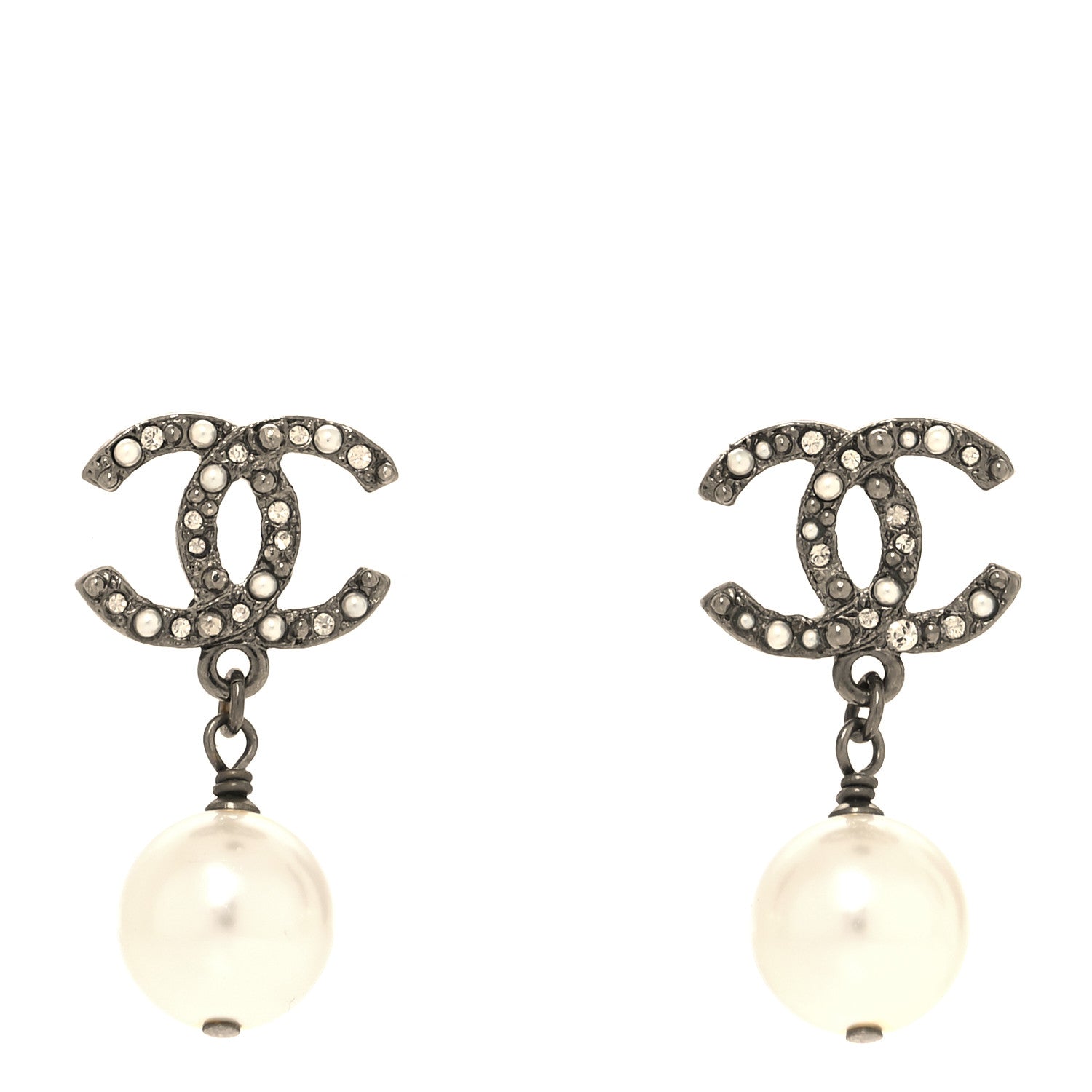 Chanel Pearl Crystal CC Drop Earrings Silver Pearly White 1 of 4