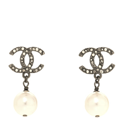 Chanel Pearl Crystal CC Drop Earrings Silver Pearly White 1 of 4
