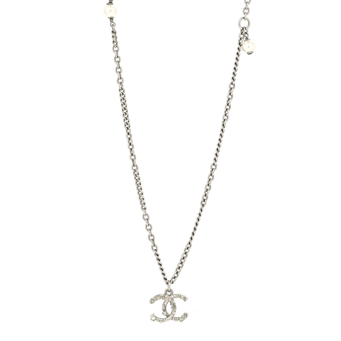 Crystal Pearl Chain CC Pendant Necklace Silver