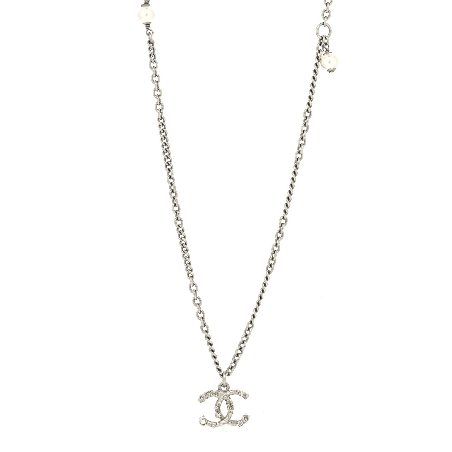 Chanel Crystal Pearl Chain CC Pendant Necklace Silver 1 of 5