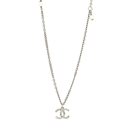 Chanel Crystal Pearl Chain CC Pendant Necklace Silver 1 of 5