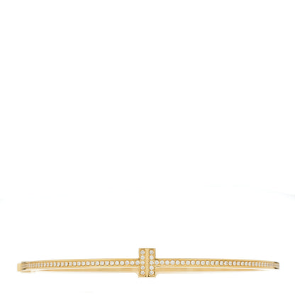 Tiffany 18K Yellow Gold Diamond T Hinged Wire Bangle Bracelet 1 of 3
