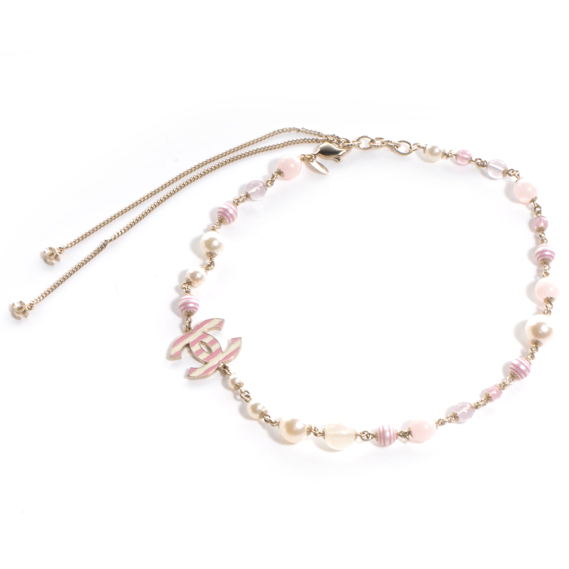 Chanel Glitter Enamel Striped Pearl CC Choker Necklace Ivory Pink 3 of 6