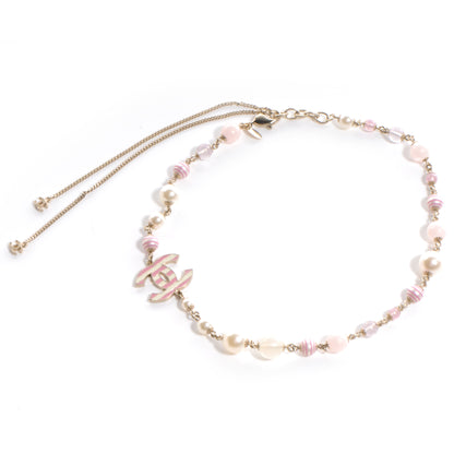 Chanel Glitter Enamel Striped Pearl CC Choker Necklace Ivory Pink 3 of 6