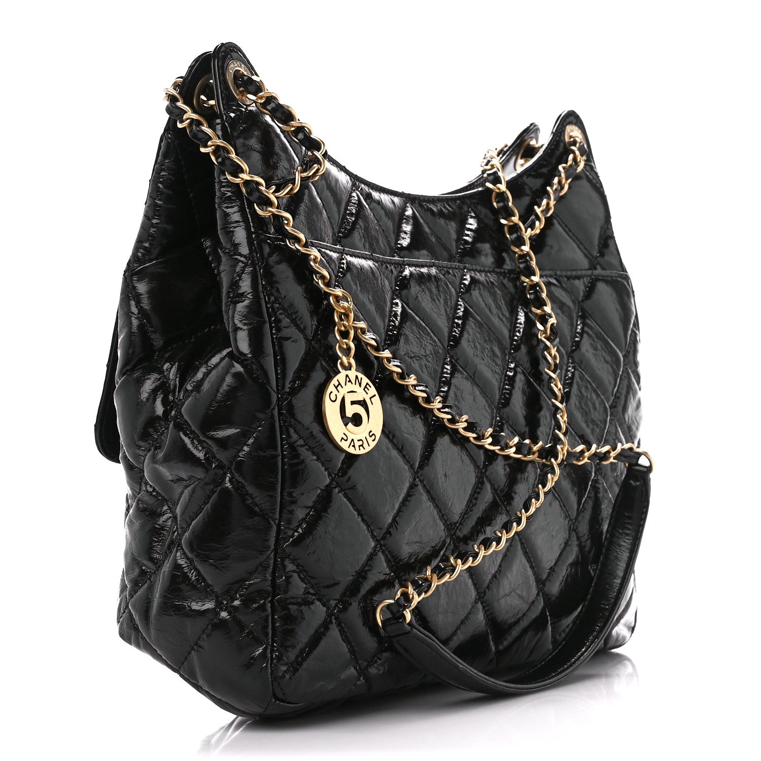 Chanel Shiny Crumpled Calfskin Quilted Large Wavy CC Hobo Black 3 of 11