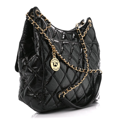 Chanel Shiny Crumpled Calfskin Quilted Large Wavy CC Hobo Black 3 of 11