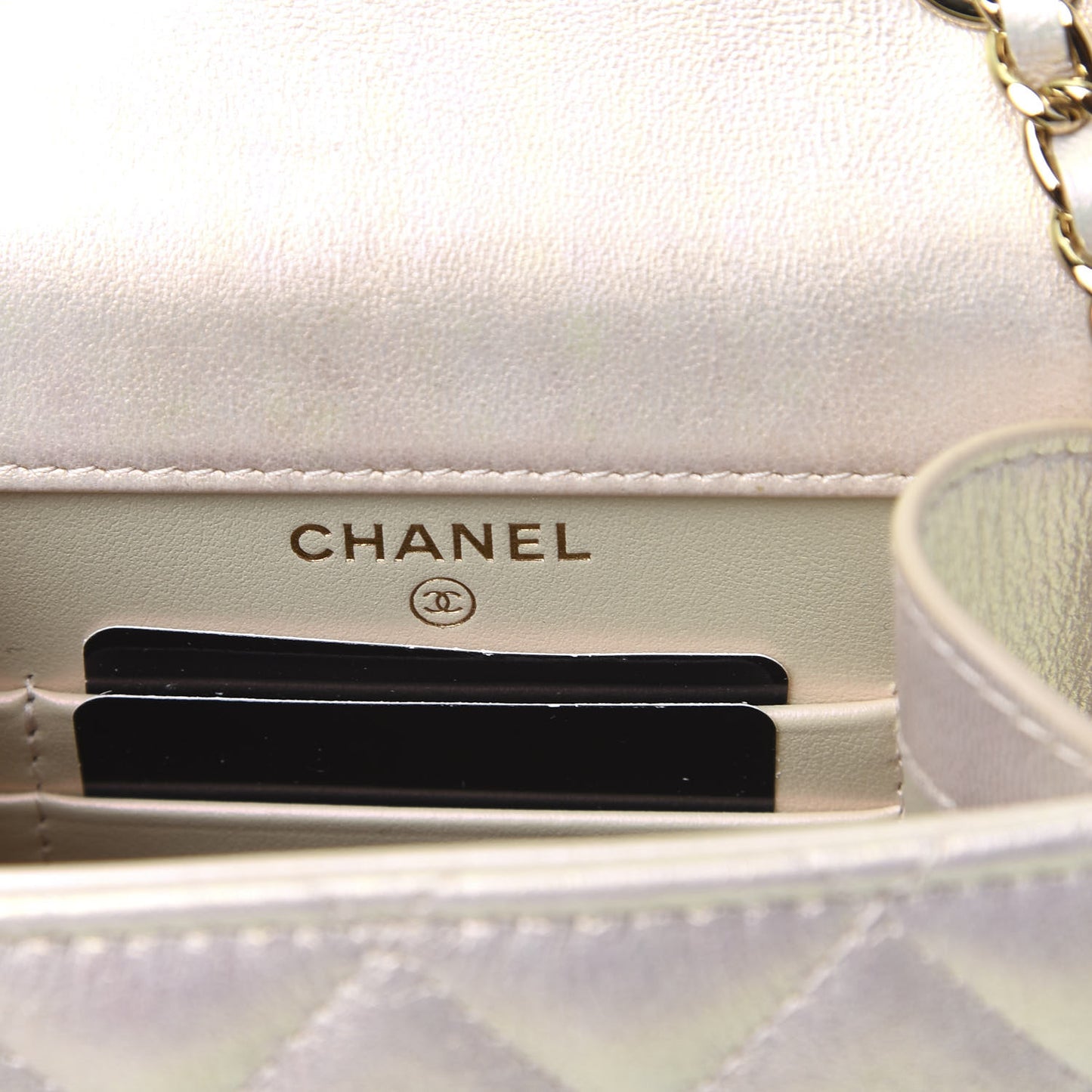 Iridescent Lambskin Quilted CC Phone Holder Ivory