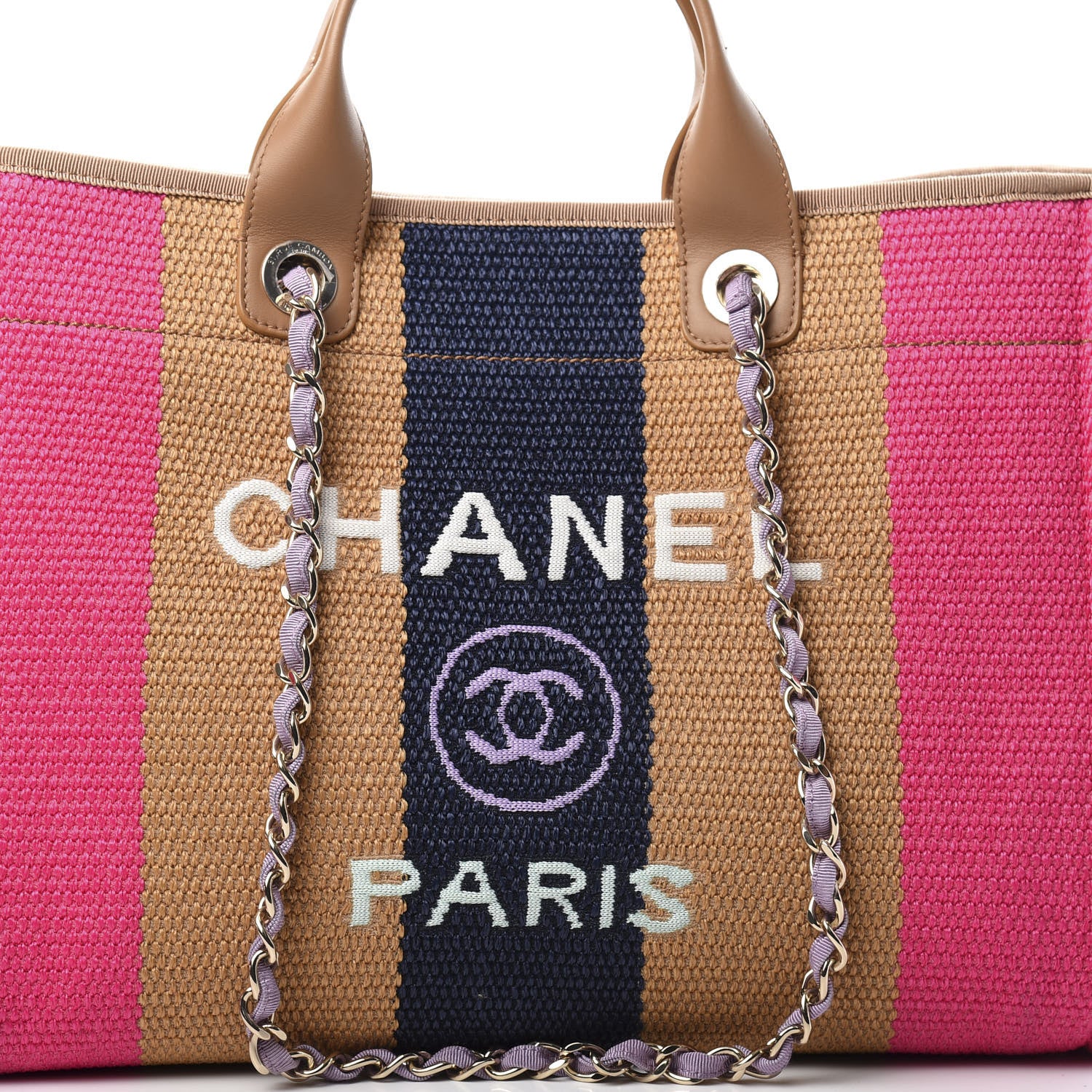 Chanel Straw Raffia Calfskin Striped Medium Deauville Tote Dark Beige Fuchsia Navy Blue 12 of 12