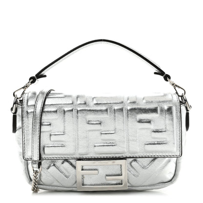 Fendi Vitello Catalan Mirror FF 1974 Embossed Mini Baguette Argento 1 of 10