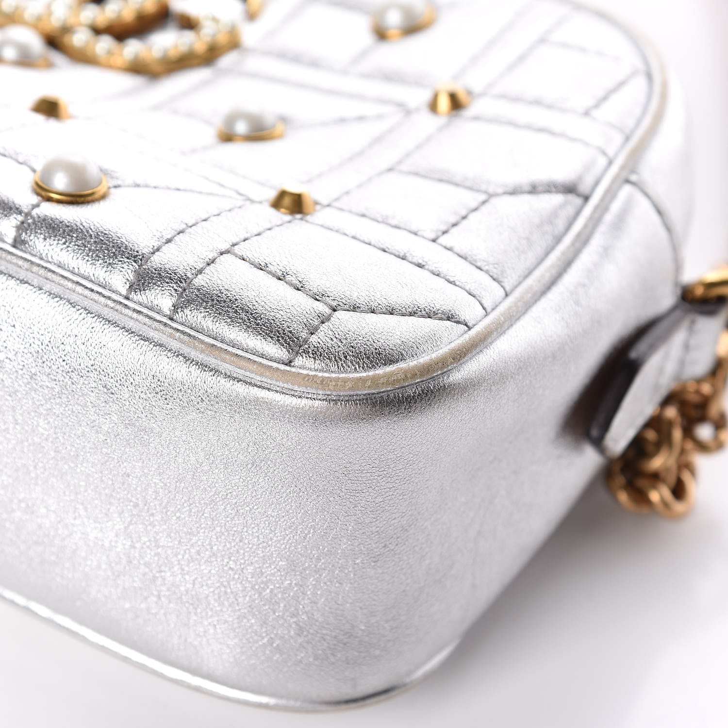 Gucci Metallic Calfskin Matelasse Studded Small Pearly GG Marmont Chain Shoulder Bag Silver 12 of 15