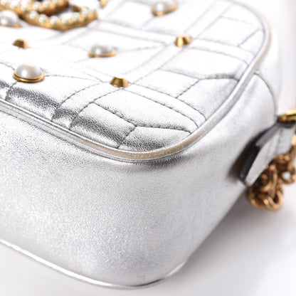 Gucci Metallic Calfskin Matelasse Studded Small Pearly GG Marmont Chain Shoulder Bag Silver 12 of 15