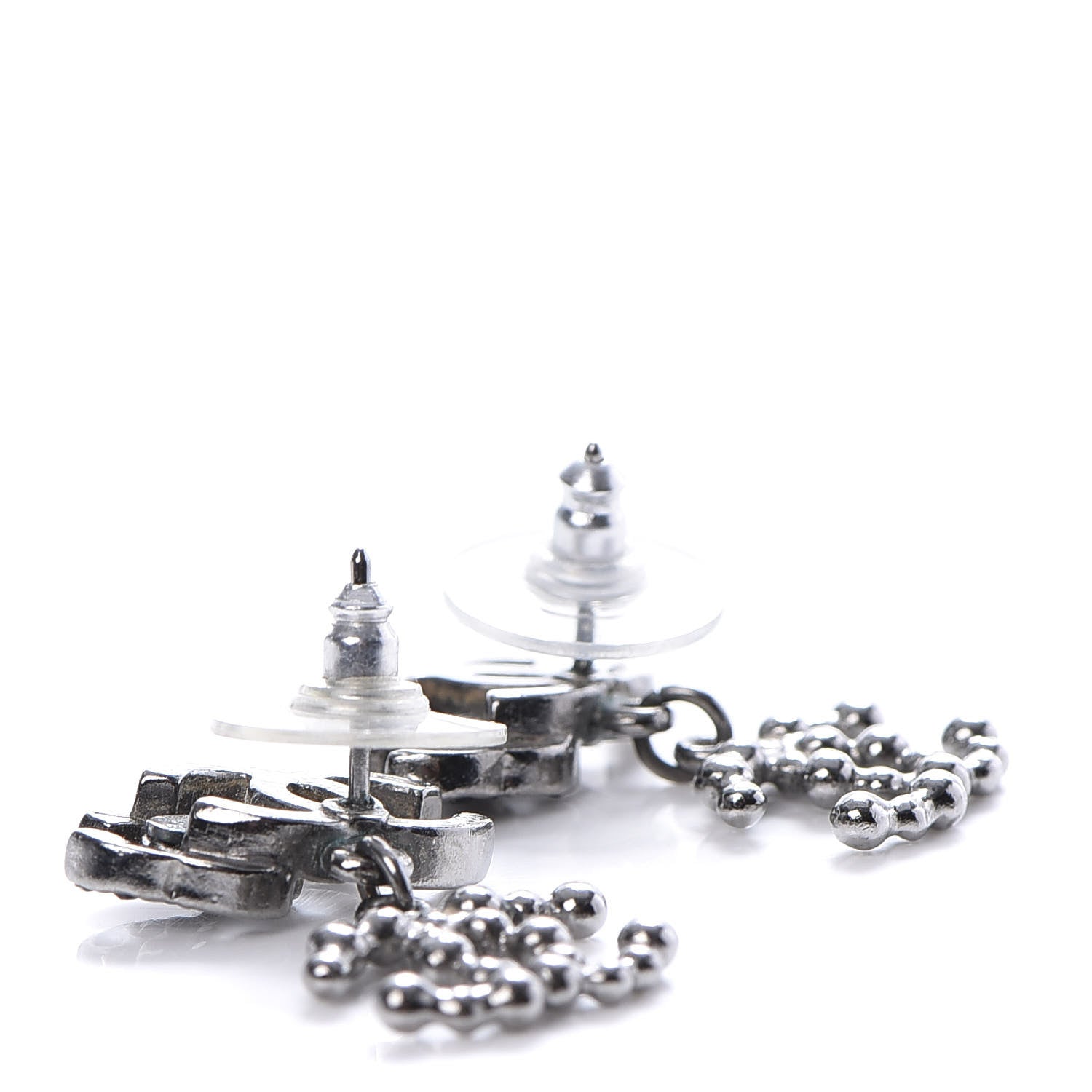 Chanel Metal Bead Crystal Double CC Drop Earrings Ruthenium 3 of 4