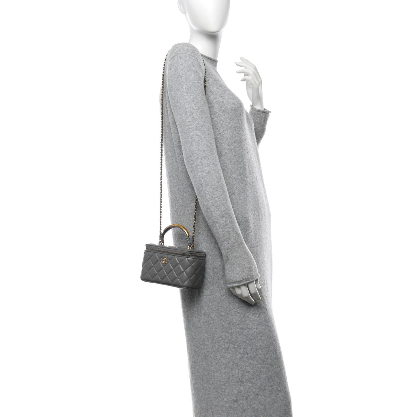 Lambskin Quilted Metal Small Top Handle Vanity Case With Chain Grey