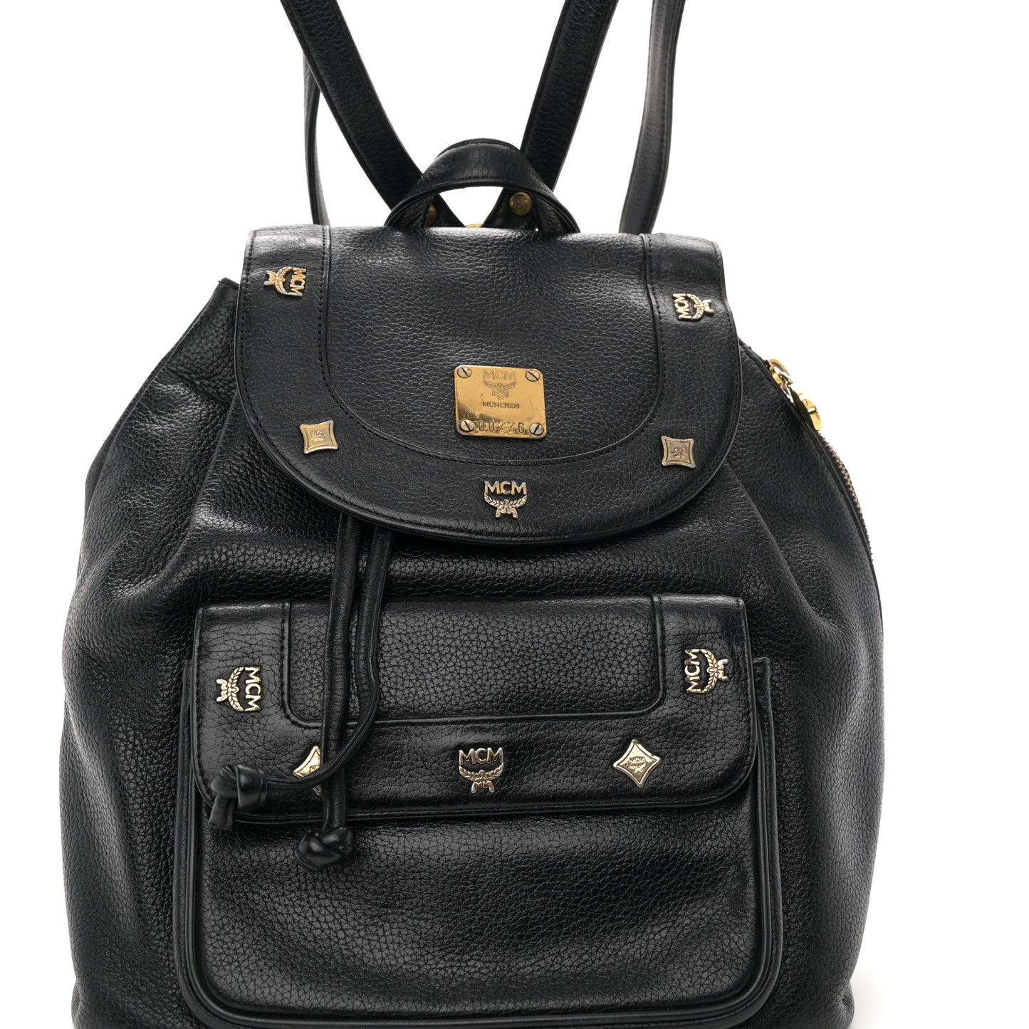 Grained Calfskin Studded Drawstring Backpack Black