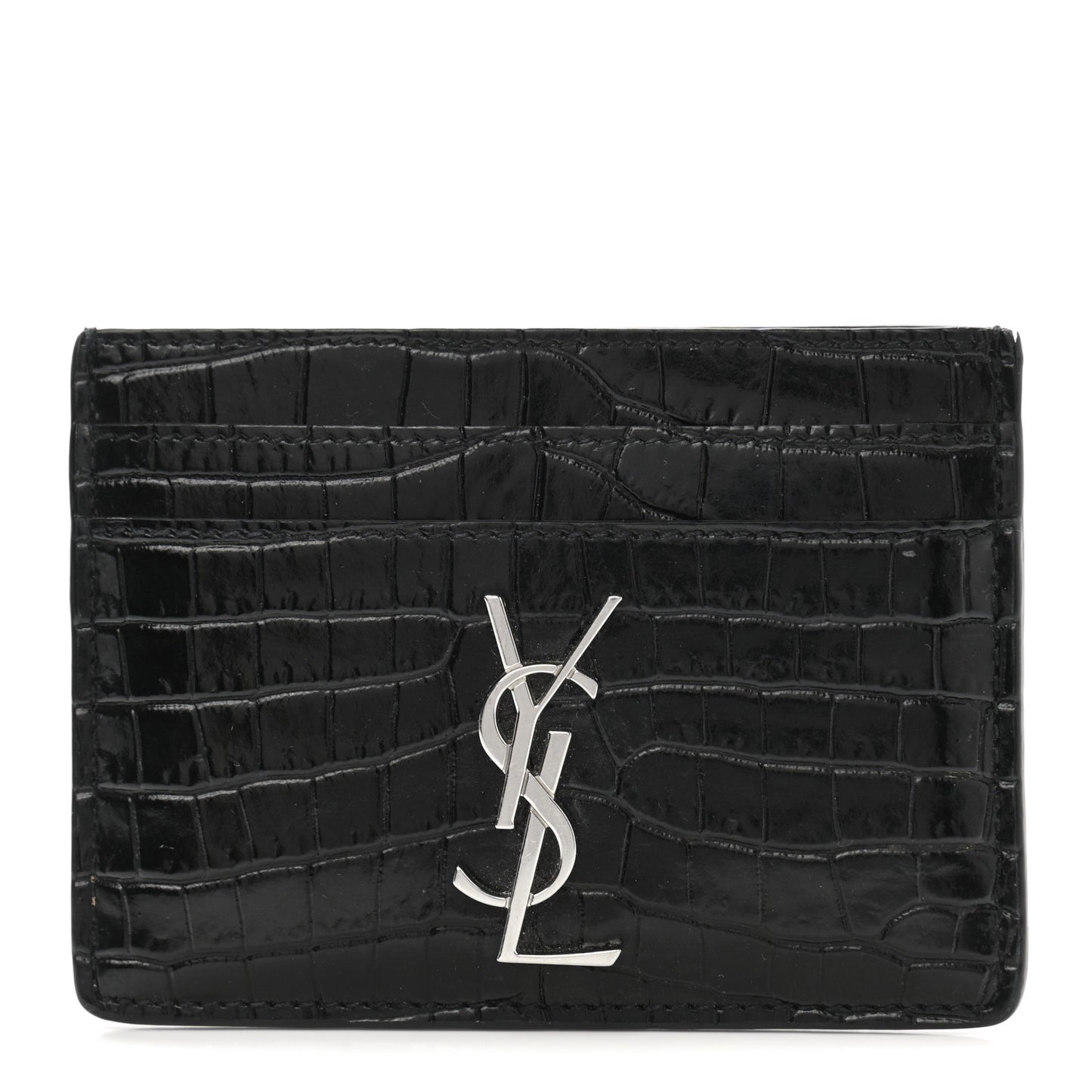 Calfskin Crocodile Embossed Monogram Credit Card Case Black