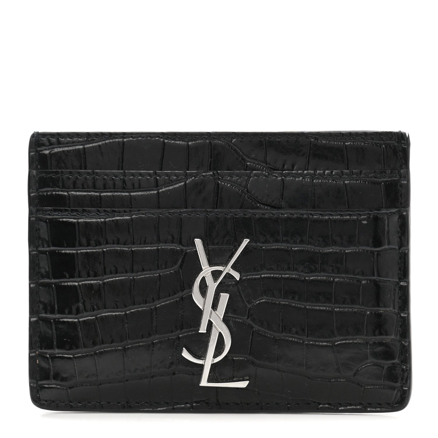 Saint Laurent Calfskin Crocodile Embossed Monogram Credit Card Case Black 1 of 8