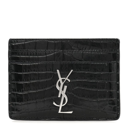 Saint Laurent Calfskin Crocodile Embossed Monogram Credit Card Case Black 1 of 8
