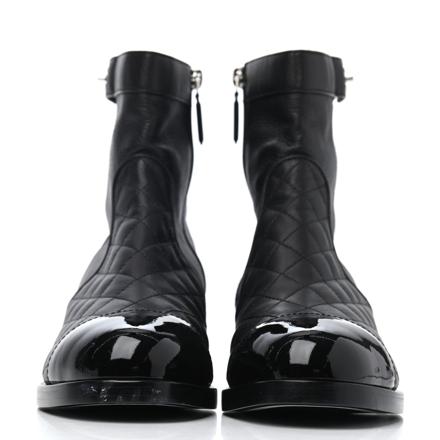 Calfskin Patent Quilted Cap Toe Short Boots 41.5 Black