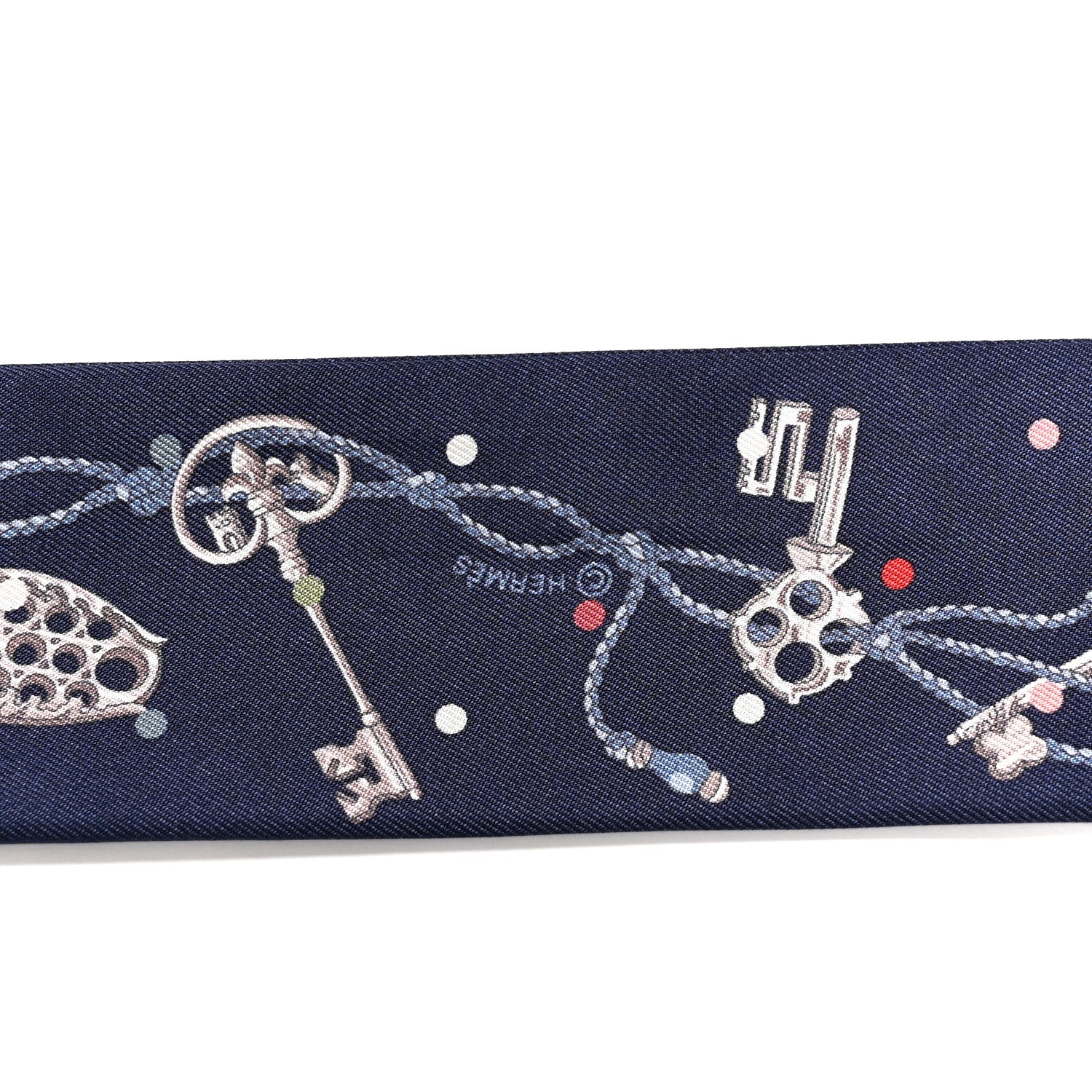 Hermes Silk Metallic Agneau Les Cles A Pois Fringed Twilly Bleu Marine Gris Argent Multicolor 4 of 4