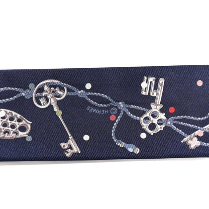 Hermes Silk Metallic Agneau Les Cles A Pois Fringed Twilly Bleu Marine Gris Argent Multicolor 4 of 4