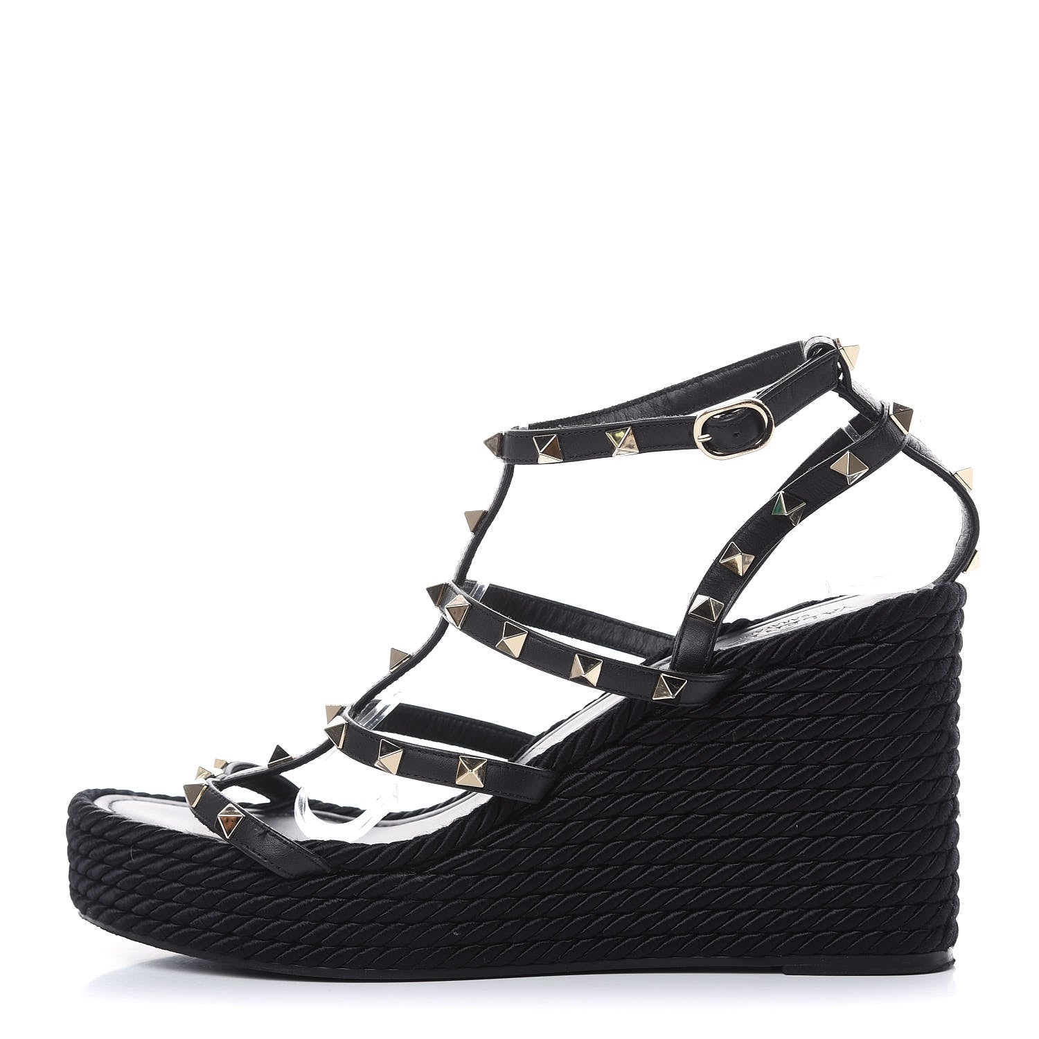 Valentino Garavani Calfskin Rockstud Ankle Strap Torchon Espadrille Caged 25/95mm Wedge Sandals 41 Black 1 of 10