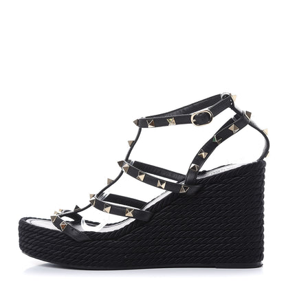 Valentino Garavani Calfskin Rockstud Ankle Strap Torchon Espadrille Caged 25/95mm Wedge Sandals 41 Black 1 of 10