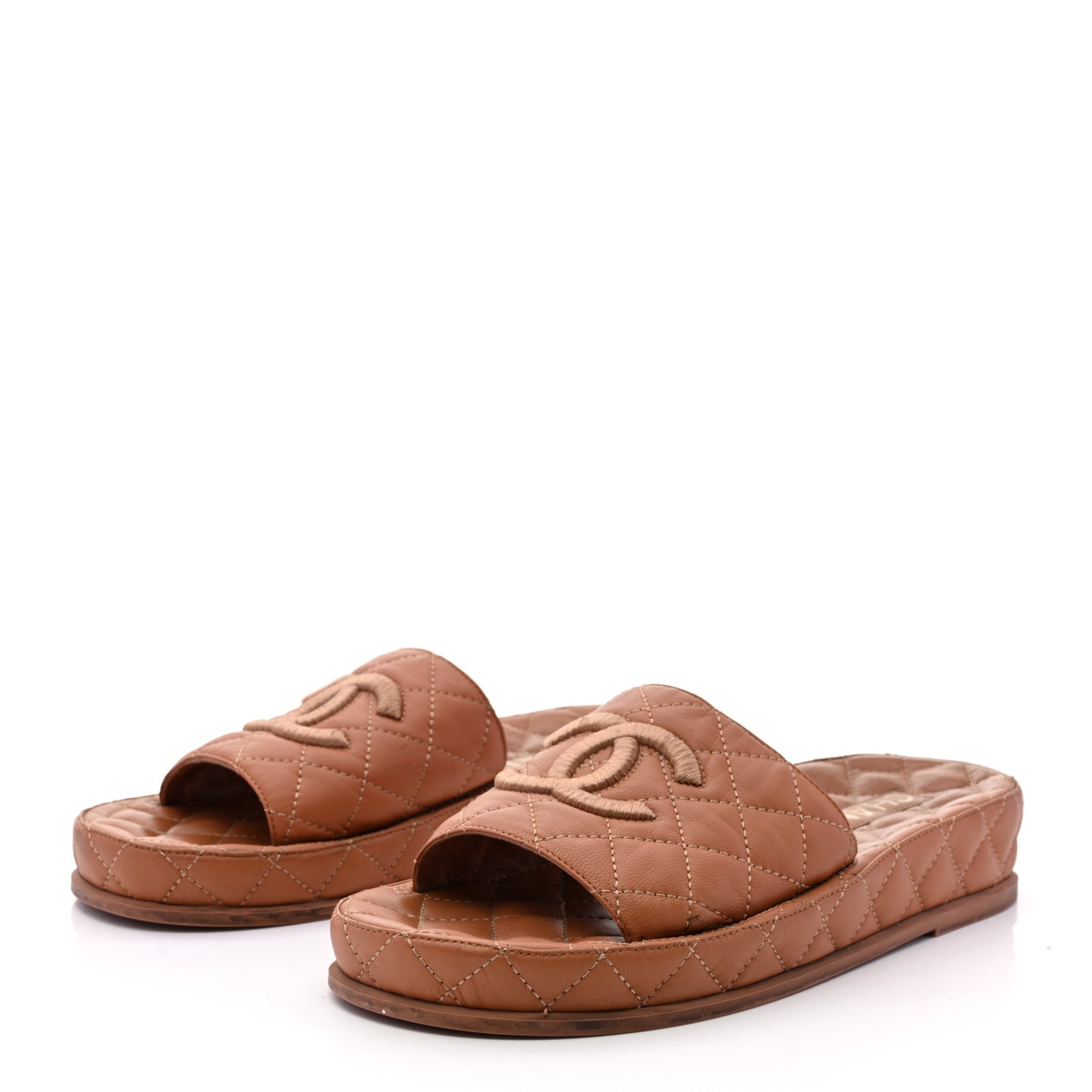 Lambskin Quilted CC Mules Sandals 38 Brown