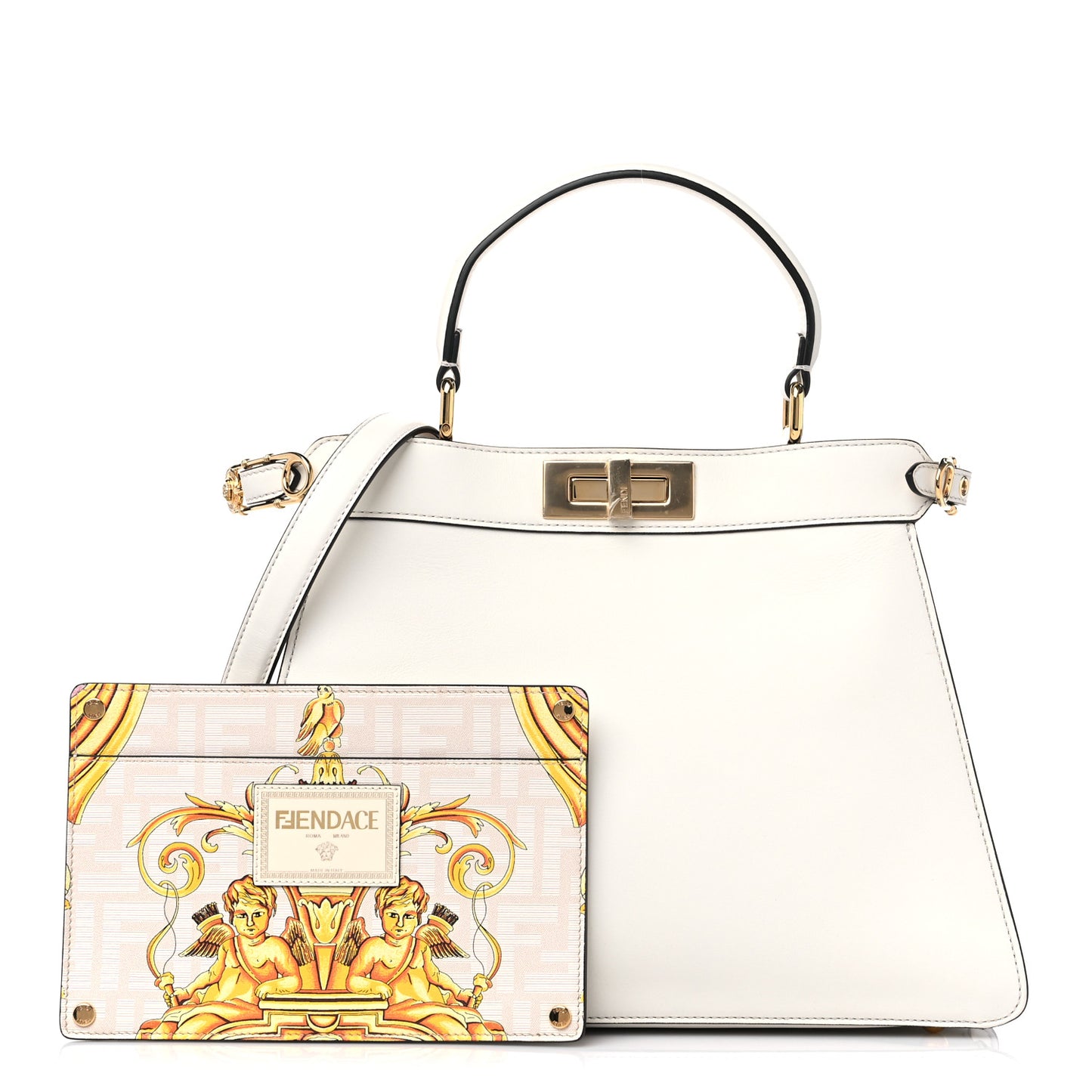 X VERSACE Vitello Seta Nappa Fendace FF Baroque Medium Peekaboo I SEE U Satchel White Ice