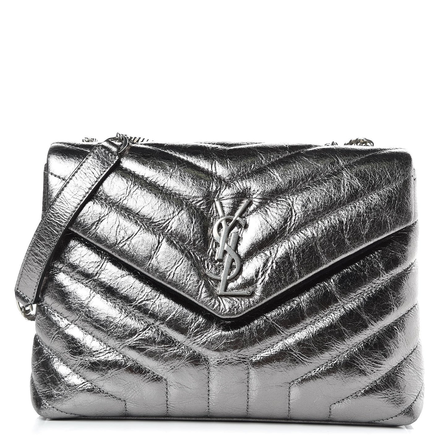 Metallic Calfskin Y Quilted Monogram Small Loulou Chain Satchel Acciaio