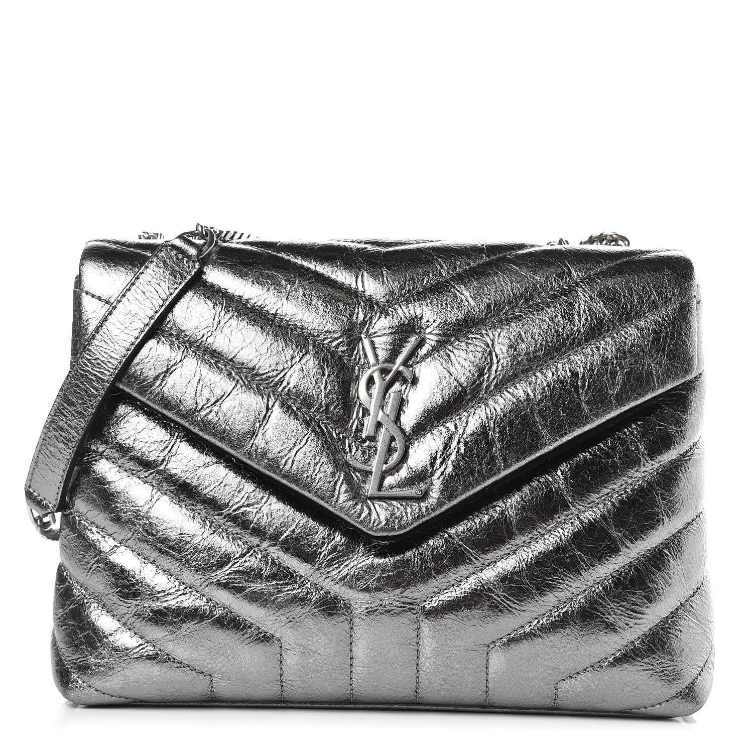 Saint Laurent Metallic Calfskin Y Quilted Monogram Small Loulou Chain Satchel Acciaio 1 of 10