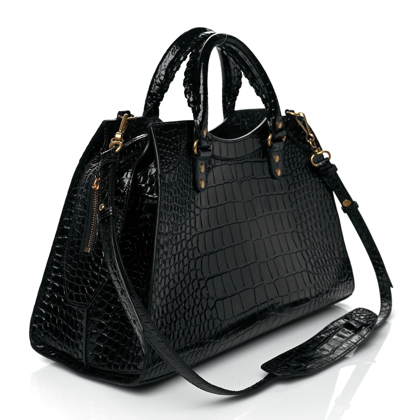 Shiny Supple Calfskin Crocodile Embossed Brass Hardware Neo Classic City Black