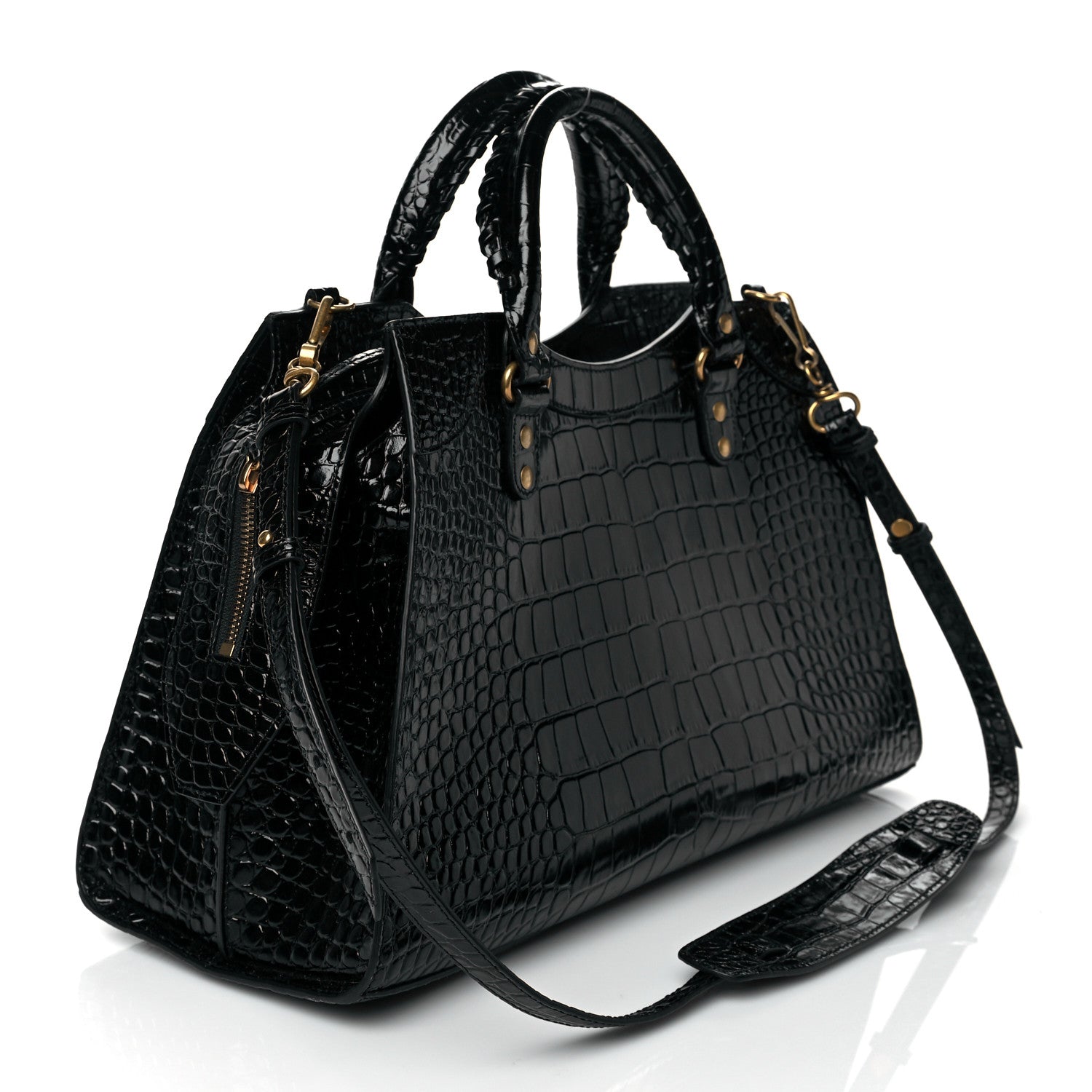 Balenciaga Shiny Supple Calfskin Crocodile Embossed Brass Hardware Neo Classic City Black 3 of 9