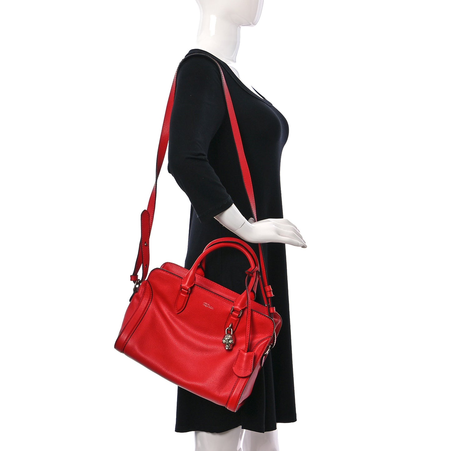 Pebbled Calfskin Small Skull Padlock Zip Around Tote Red