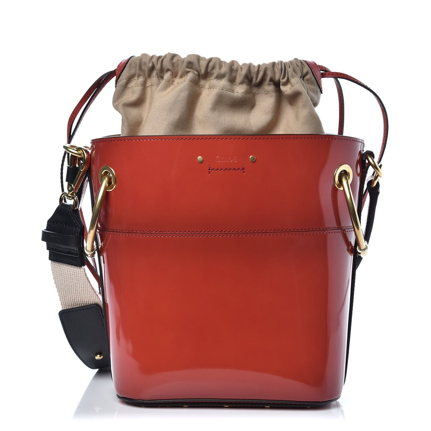 Patent Calfskin Small Roy Bucket Bag Earthy Red
