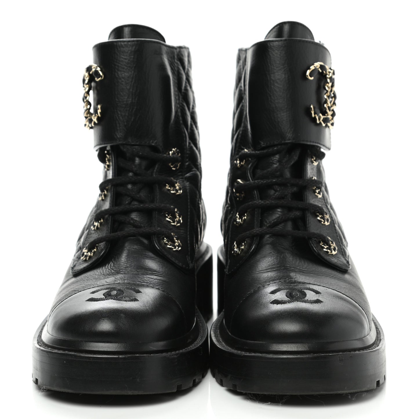 Shiny Goatskin Calfskin Quilted Lace Up Combat Boots 39 Black