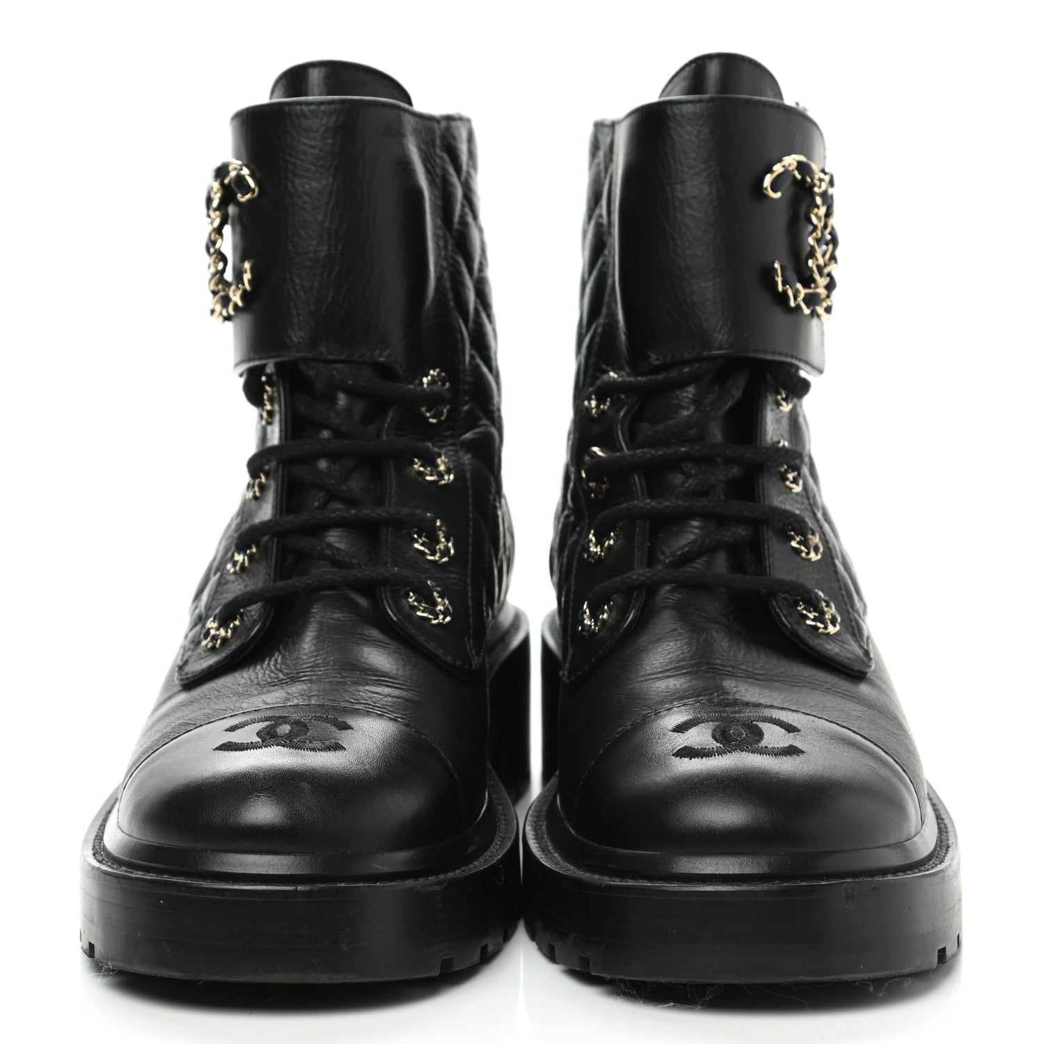 Chanel Shiny Goatskin Calfskin Quilted Lace Up Combat Boots 39 Black 2 of 10